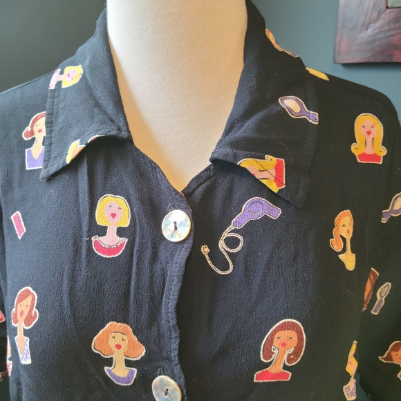 Vintage graphic print 80s button down top ladies faces - Picture 2 of 4
